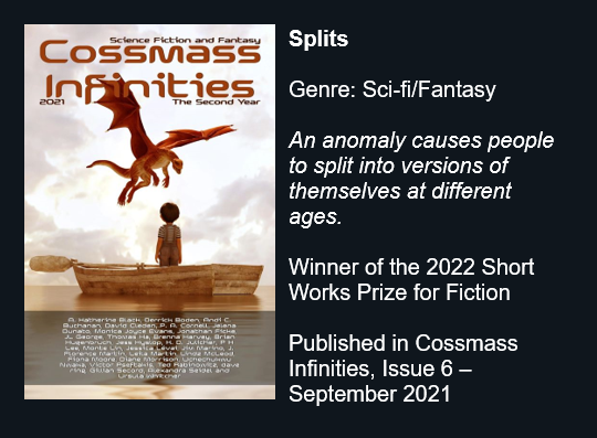 Splits by P.A. Cornell
Genre: Sci-fi/Fantasy
Winner of the 2022 Short Works Prize for Fiction
Click to read 