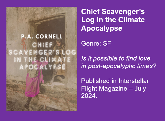 Chief Scavenger’s Log in the Climate Apocalypse

Genre: SF

Is it possible to find love in post-apocalyptic times?

Published in Interstellar Flight Magazine – July
2024.
